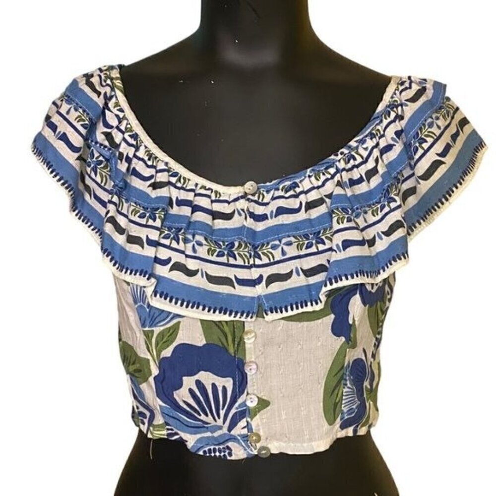 NEW Rachel Zoe Blue Floral Print Ruffle Off Shoulder Blouse Size Medium